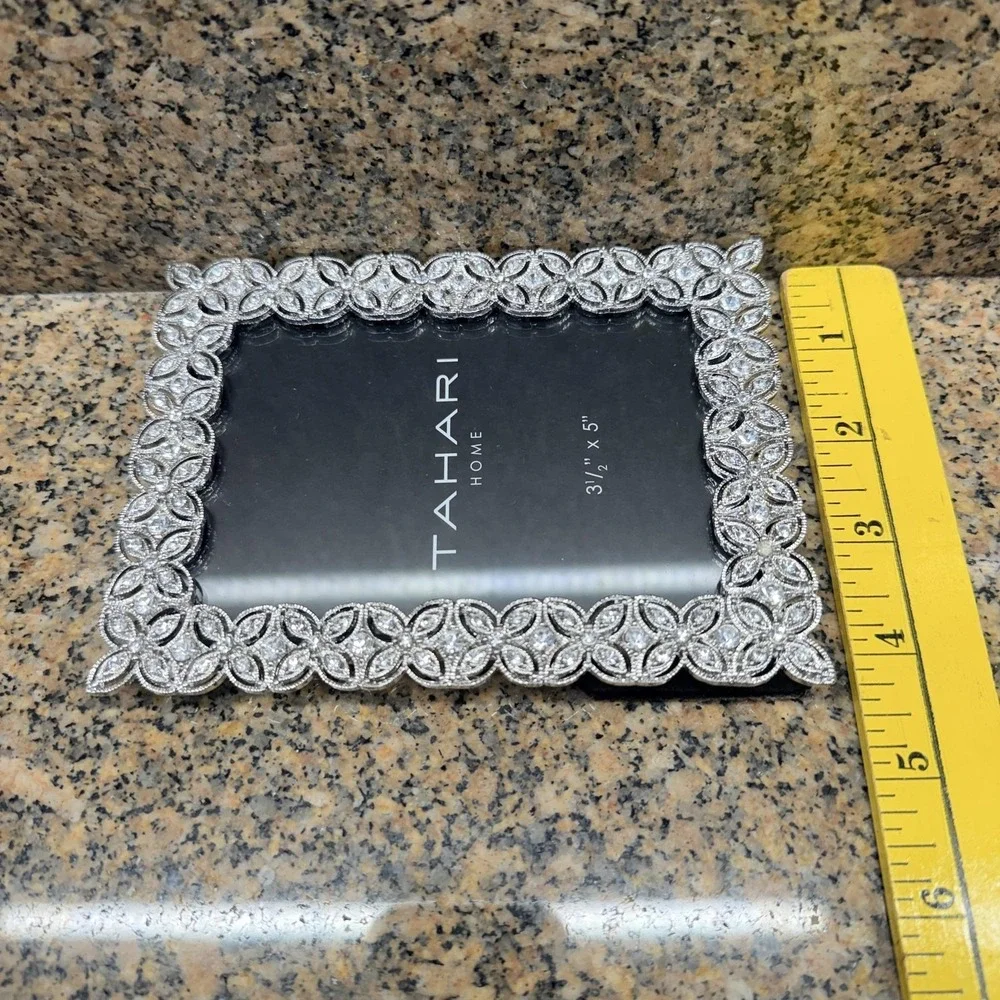 Tahari Home Picture Photo Frame 3.5x5 Silver Jeweled Floral Tabletop Decor